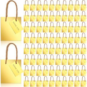 Sherr 100 Pcs Mini Gift Bags Bulk, 4 x 2.75 x 4.5 in Paper Bag with Tag, Extra Small Paper Gift Boxes with Handles for Birthday, Party Favor, Wedding, Small Business, Spring Easter (Gold)