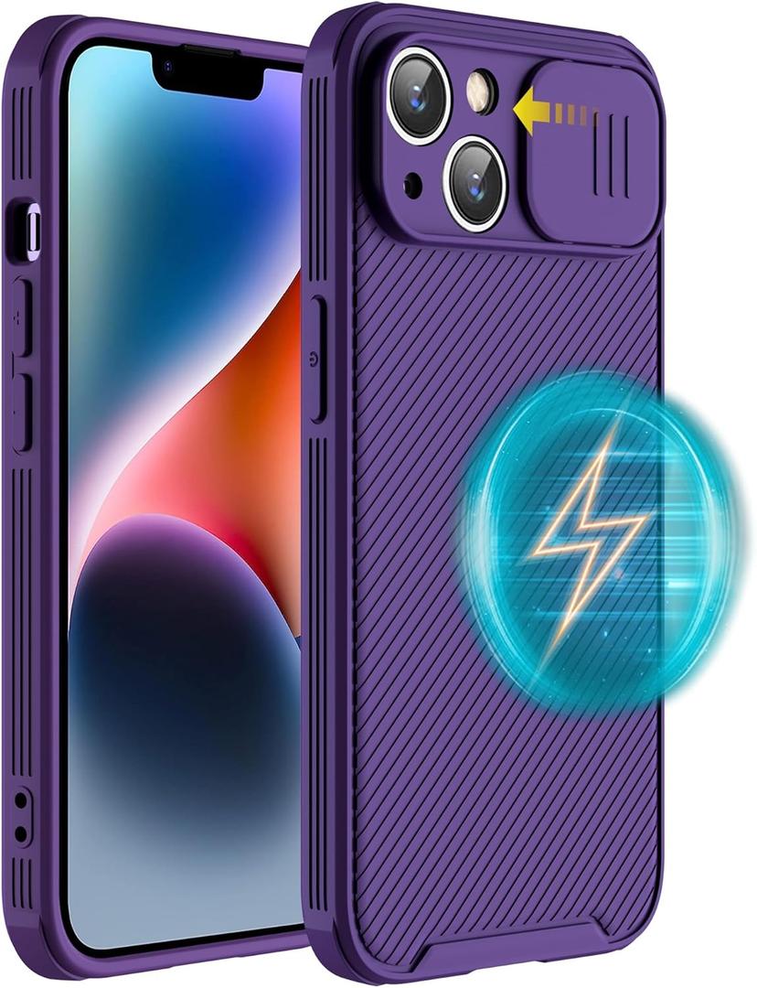 Hitaoyou for iPhone 15 Case Compatible with Magsafe, iPhone 15 Camera Protection Case [Support Wireless Charging] with Slide Lens Cover,Slim Magnetic Case for iPhone 15 6.1" Purple