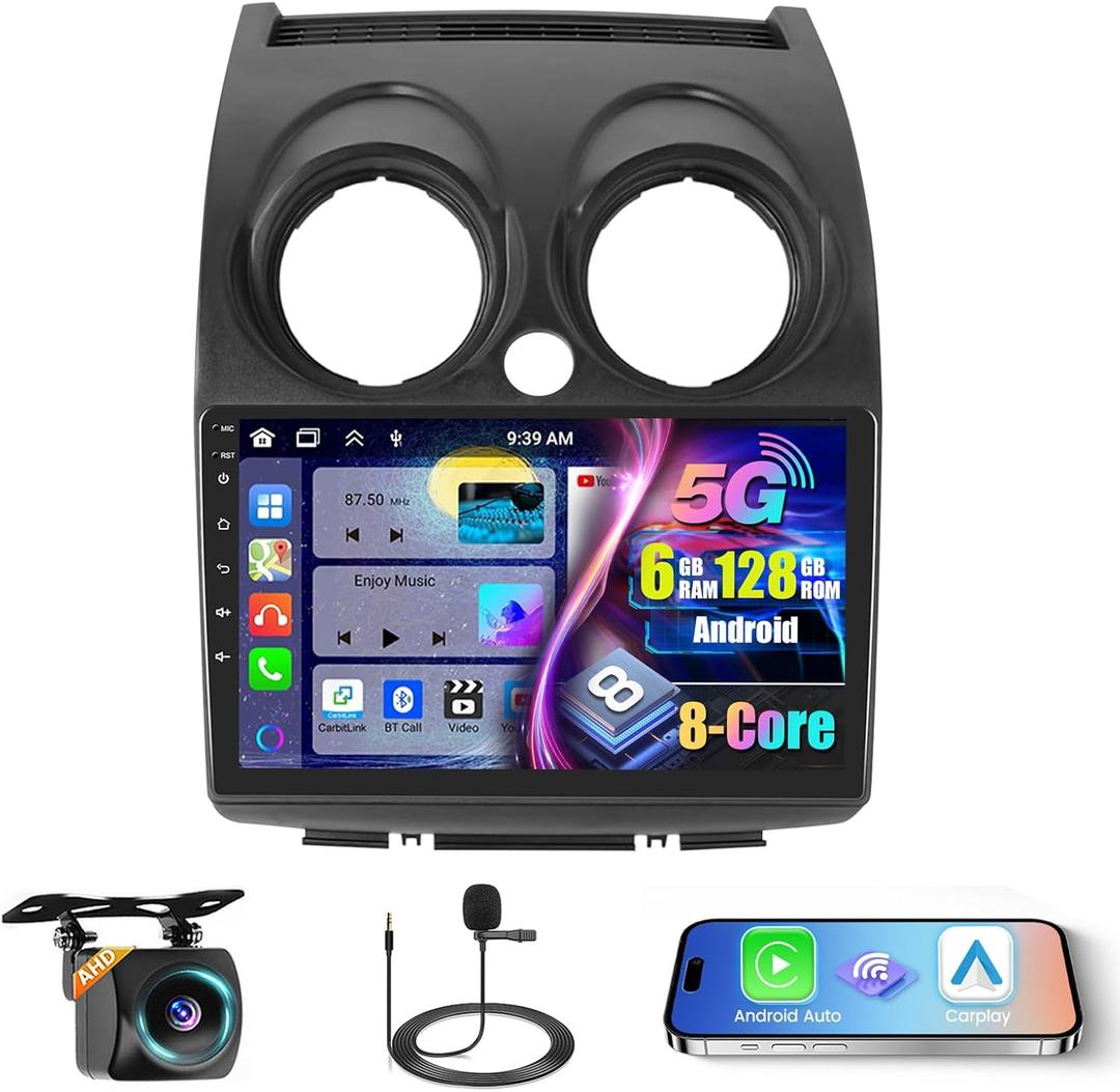 8 Core 5G WiFi Car Stereo for Nissan Rogue Sport Qashqai 2008-2013, 9" HD Touchscreen for Rogue Radio, Wireless CarPlay/Android Auto, 5G WiFi, Bluetooth 5.0, 32EQ, 1280 * 720 [6+128G]