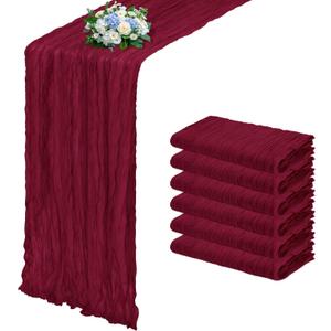 6 Pack Burgundy Cheesecloth Table Runner 17x108 Inch Semi Sheer Boho Gauze Cheese Cloth Fabric Table Runners, for Wedding Party Baby Shower Birthday Home Decor Garden Farmhouse