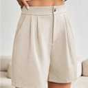 Floerns Women's High Waist Straight Leg Shorts Pleated Casual Shorts with Pocket (Beige, L)