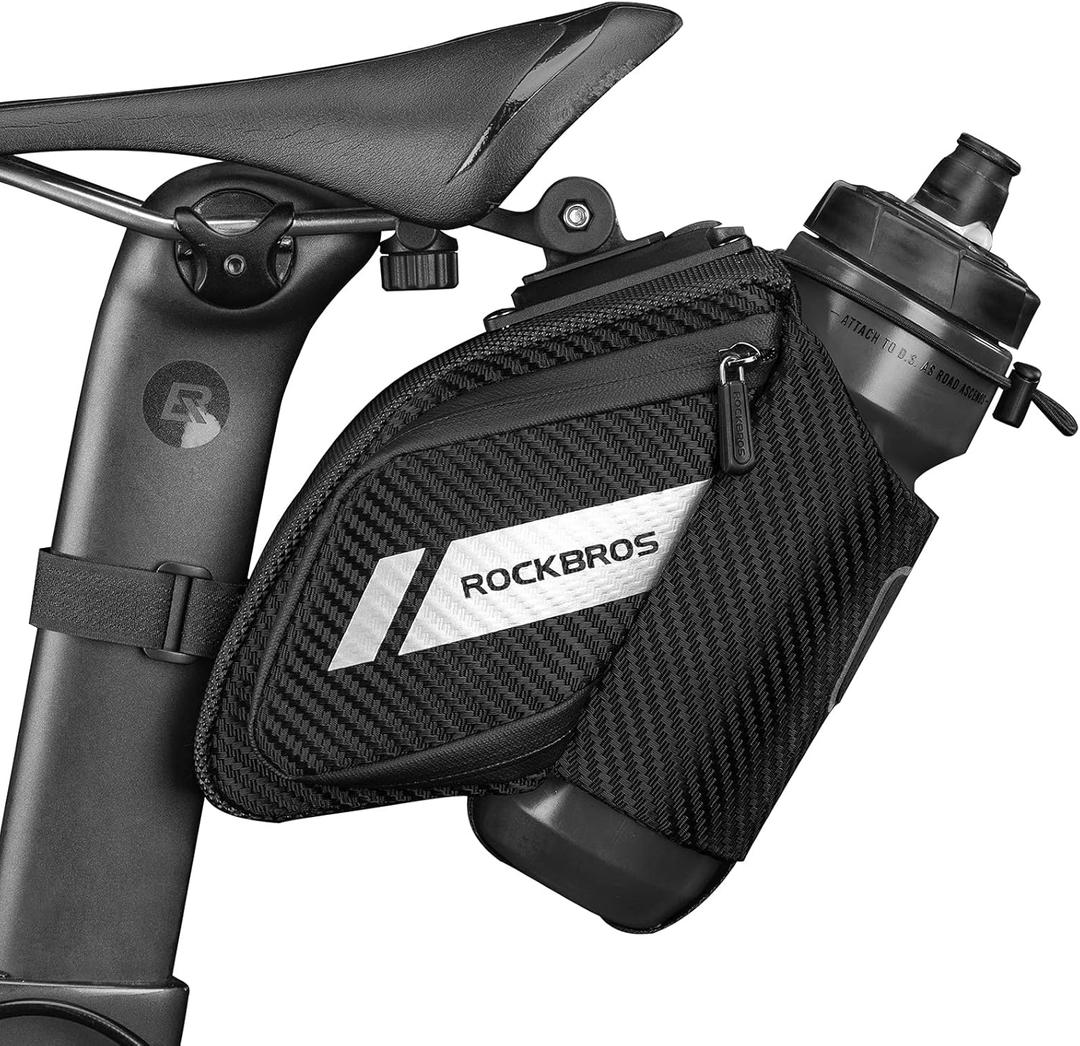 ROCKBROS Bike Saddle Bag Bike Seat Bag with Water Bottle Holder Bicycle Bag Under Seat Waterproof for Road Bike (BLACK1)