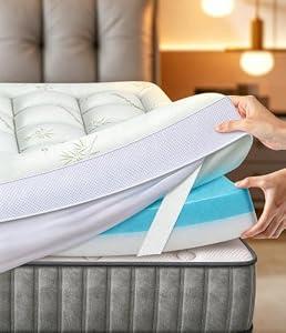 Fracho 4 Inch Queen Memory Foam Mattress Topper, Dual Layer Design with 2" Bamboo Rayon Pillow Top & 2" Cooling Gel Memory Foam, Green-Queen