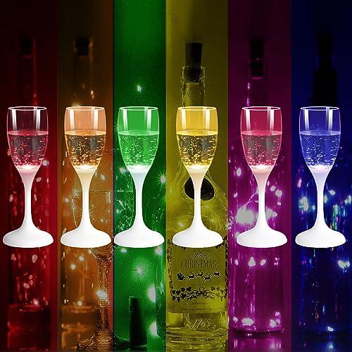 HOMEYA Colored Lights Up Champagne Flutes Glasses Set of 6, Liquid Activated Glow in The Dark Cups with Replaceable Battery, Colorful Drinking Whiskey Led Cups for Christmas Halloween Party Birthdays