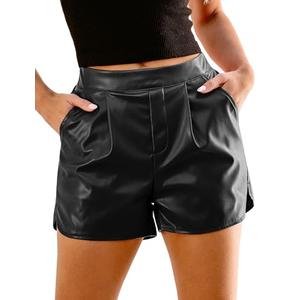 luvamia Faux Leather Shorts for Women High Wasited Pull On Pleated Side Slit Pleather Shorts With Elastic Waist Pockets Black Faux Leather Shorts Black Shorts Women Black Size M