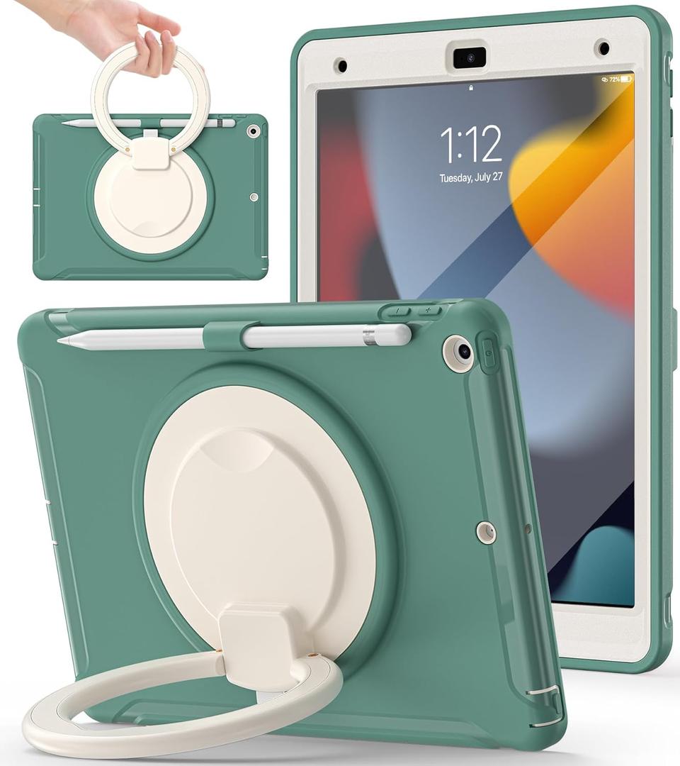 BATYUE Shockproof Case for iPad 7th/8th/9th Gen 2019/2020/2021 | 360 Multi-Angle Stand (Portrait & Landscape) & Grip, Built-in Screen Protector, Pencil Holder, Jade Green
