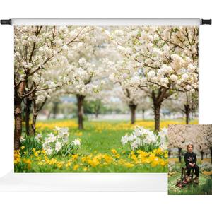 Kate Spring Backdrop White Sakura Green Grass Natural Scenery Forest Trees Season Holiday Photography Props, 10x8ft