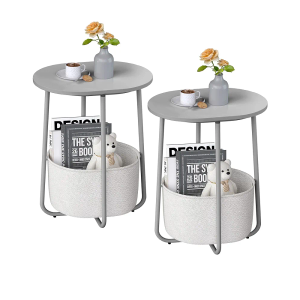 TUTOTAK Small Side Table, Oval End Table, Night Stand, Bedside Table, Set of 2, Sofa Table with Cloth Storage Basket, Living Room, Bed Room, Dark Grey TB01BH0632