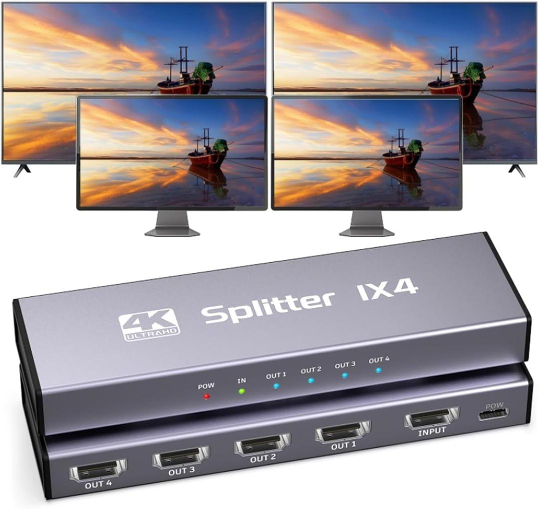 HDMI Splitter 1 in 4 Out, 4K@30Hz HDMI Splitter 1x4 Support 3D 1080P Full HD Compatible with PS5/4/3 Xbox Nintendo Roku HDTV Fire Stick Blu-ray - Silver (Only Mirrors Screens)