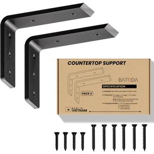 BATODA 8 Countertop Support Steel Brackets (2 pcs) for Large Granite - Heavy Duty L Floating Shelf Bracket - Black Metal Wall Mounted Support for Wood Shelving (8 inch)