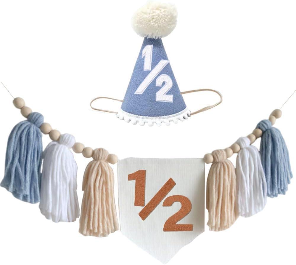 Blue Handmade 1/2 High Chair Banner with Cone Birthday Hat for Half Way To One Baby Boy 6 Months Half Birthday Decorations