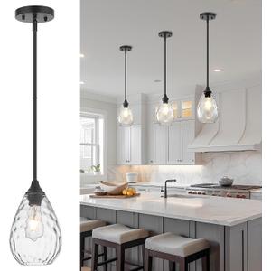 Glass Pendant Lights Kitchen Island, 1-Light Modern Black Pendant Light Fixtures with Hammered Glass and Rods, Small Hanging Light for Kitchen Sink Dining Room Bathroom, 1-Light, 1 Pack