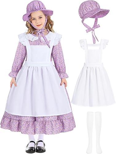 Pioneer Girl Costume Colonial Prairie Costume Dress Kids Pilgrim Costume Outfit Purple Floral Dresses with Apron Socks CA022A-M, Medium