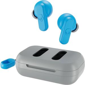 Skullcandy Dime 2 Wireless Earbuds, Bluetooth Headphones, Noise Isolating Fit, Up to 12 Hours Battery, Microphone for iPhone Android, Easy Carry with Integrated Lanyard - Light Grey/Blue