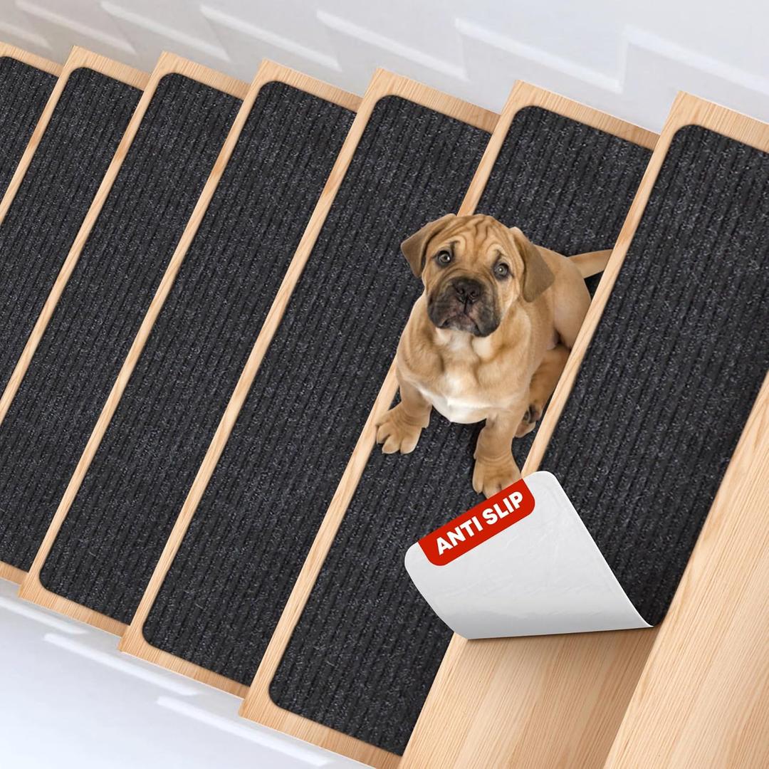 MBIGM 8" X 30" (15 in Pack) Non-Slip Carpet Stair Treads Non-Skid Safety Rug Slip Resistant Indoor Runner for Kids Elders & Pets with Reusable Adhesive - Black - Carpet Pads for Stairs