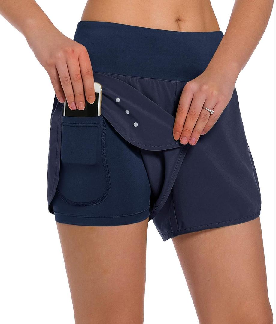 Ksmien Women's 2 in 1 Running Shorts - Lightweight Athletic Workout Gym Yoga Shorts Liner with Phone Pockets M
