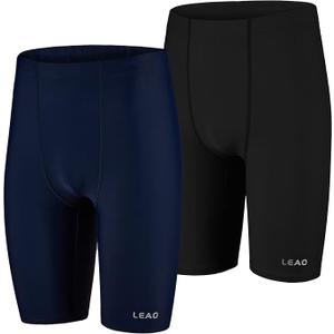 LEAO Youth Boys Swim Jammers Solid Swimsuit UPF 50+ Sun Protection Quick Dry Athletic Swimming Shorts  (X-Small, Black/Navy, Pack of 2)