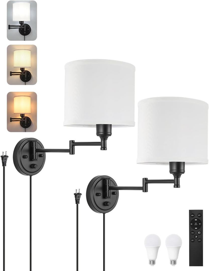 Plug in Wall Sconces with Remote Control, Dimming 10%-100% & Adjustable Colors 2700K-6500K, Hardwire or Plug-in, Swing Arm Wall Lamp with White Fabric Shade, Wall Sconces Set of Two, Black Finish