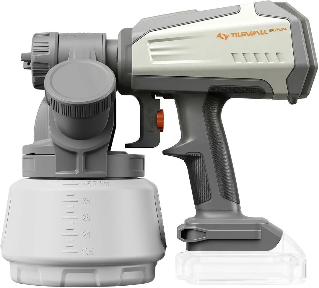 Tilswall Brushless Cordless Paint Sprayer Compatible with Dew 20V Battery (Battery Not Included), Easy Side-Fill, Electric HVLP Spray Paint Gun for House Painting, Furniture, Outdoor (White, 1300 ml)