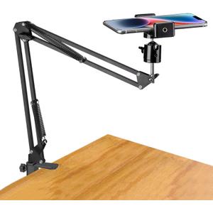 Overhead Tripod Mount for Camera Webcam Ring Light, Over Head Articulating Arm with Phone Holder and Ball Head, Desktop Suspension Scissor Accessory for Live Streaming,Video Recording (New-Black)