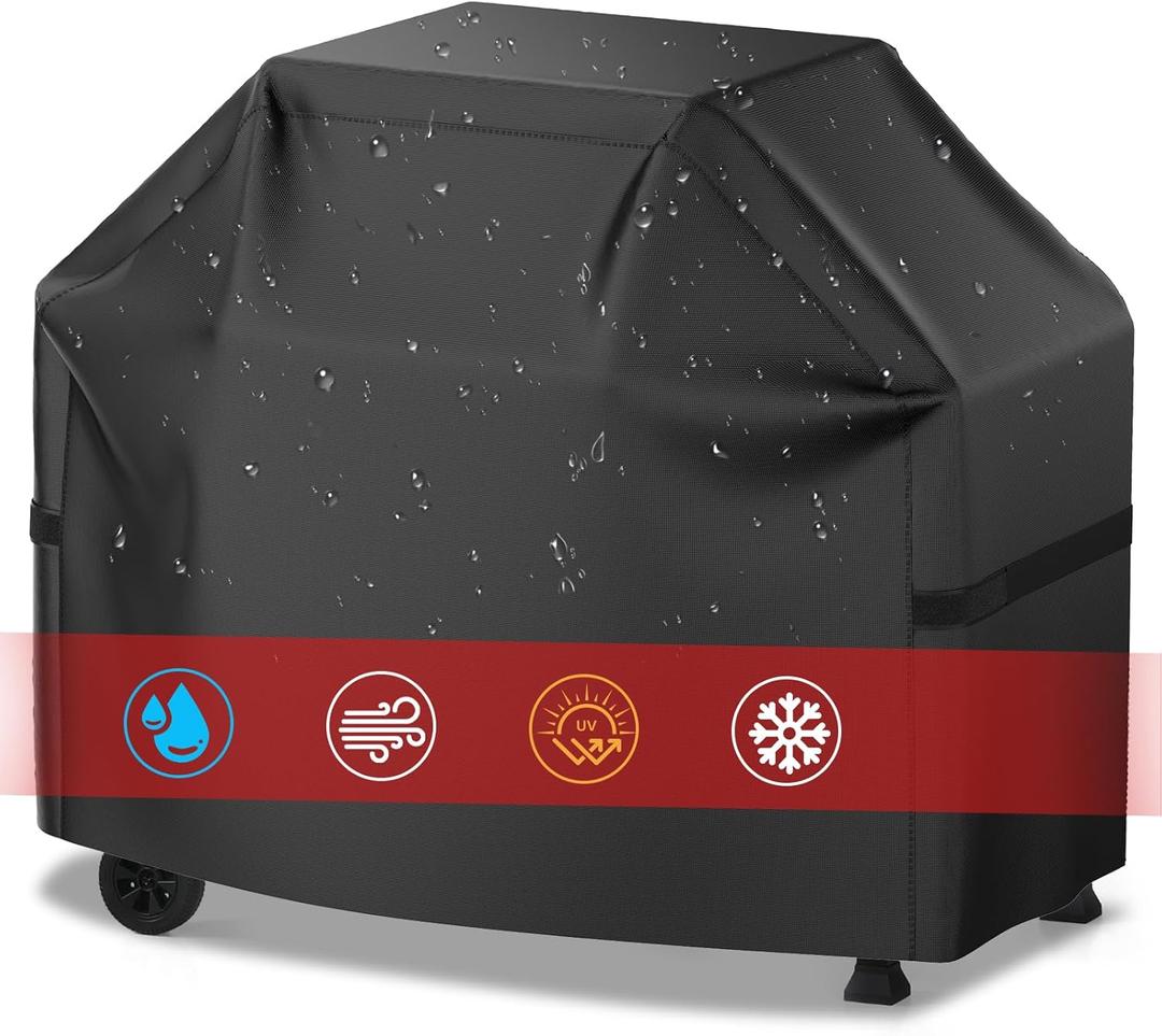 Grill Cover, 58 inch BBQ Gas Grill Cover for Outdoor Grill, Waterproof, Anti-UV, Rip-Proof, Fade Resistant Material, Barbecue Cover with Hook-and-Loop Straps & Adjustable Hem Drawstring, Black
