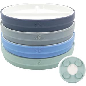 Elk and Friends Kids 7.8 Porcelain Divided Plates with Silicone Suction Sleeves + Lids | Suitable for Kids/Toddlers | Microwave & Dishwasher Safe | Non Slip | Snack Dishes (Sage/Navy/Gray/Misty Blue)
