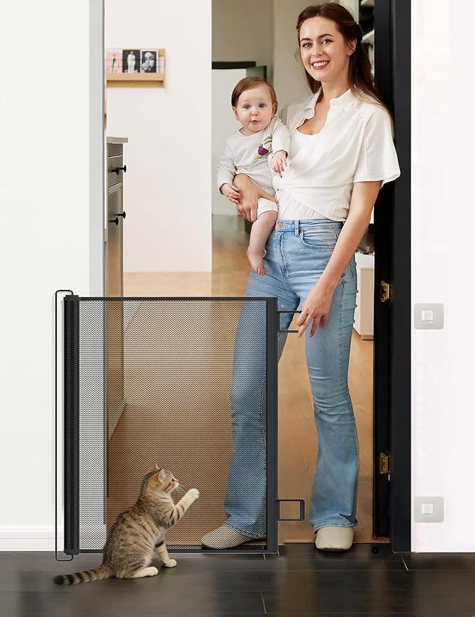 Retractable Mesh Pet Gate, Extra Tall 31'' Adjustable Width Up to 51/43 Inches for Doorways Stairs Hallways, Indoor Outdoor Dog Safety Barrier Net Panel (Black 43'' Width)