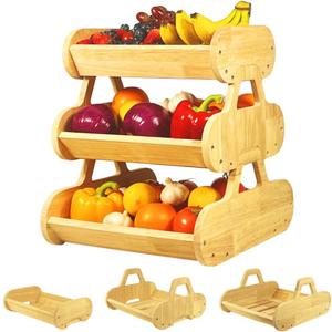 Fruit Basket for Kitchen Counter, 3 Tier Wood Fruit Bowl with Handle, Ideal for Vegetable Storage, Bread Basket, Snack Organizer, Stackable and Separable