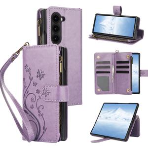 Asuwish Phone Case for Samsung Galaxy Z Fold 7 5G 2025 Wallet Cell Cover with Wrist Lanyard Strap Flower Flip Zipper Credit Card Holder Slot Stand ZFold7 Z7 G Fold7 7Z Women Girls Purple