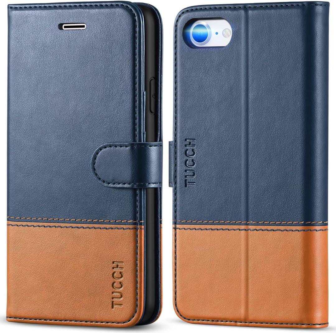 TUCCH Wallet Case for iPhone SE 2022/SE 2020/iPhone 8/7, Premium PU Leather Folio with Stand Card Slot Magnetic Flip Cover [TPU Interior Case] Compatible with iPhone SE3/SE2/8/7, Dark Blue & Brown