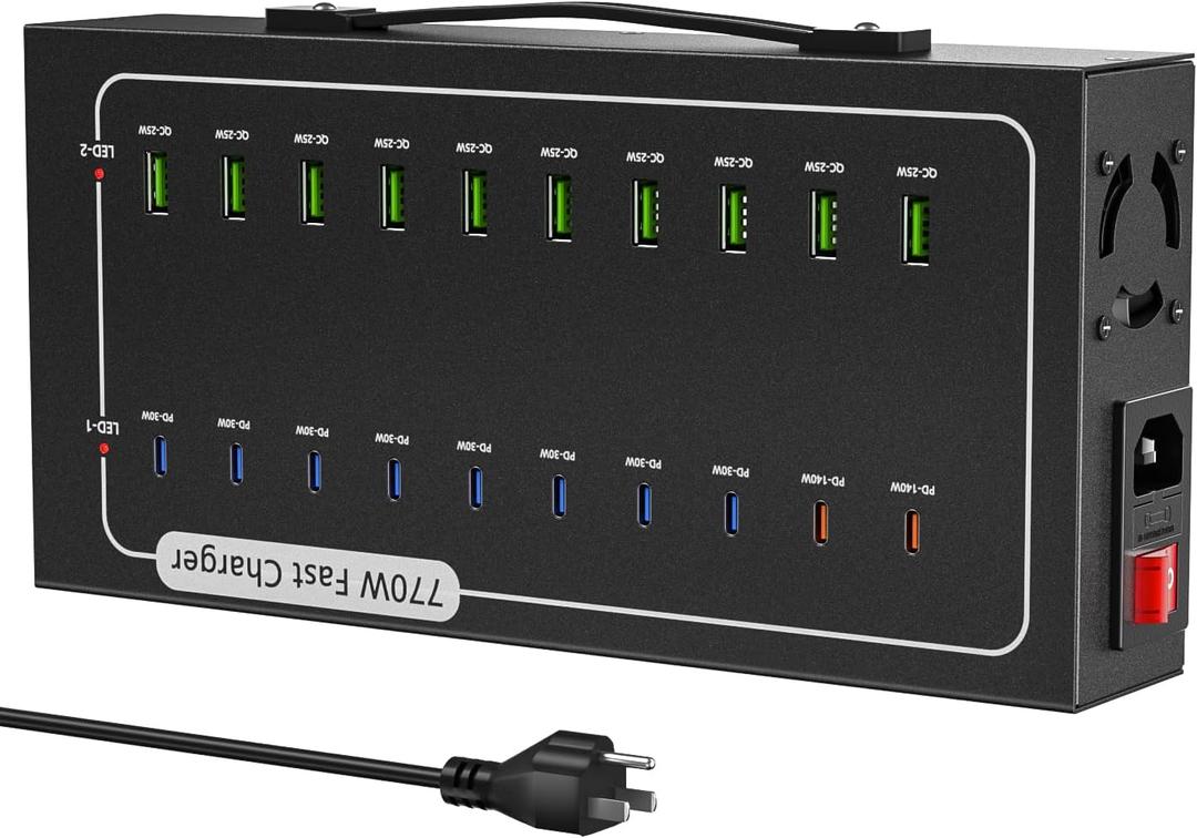770W USB Charging Station with 20 Ports for Multiple Devices, 10 USB A+10 USB C, Charger Block,Smart Power Delivery & Multi Protection Compatible with iPhone/iPad/Tablets/Smartphones & More