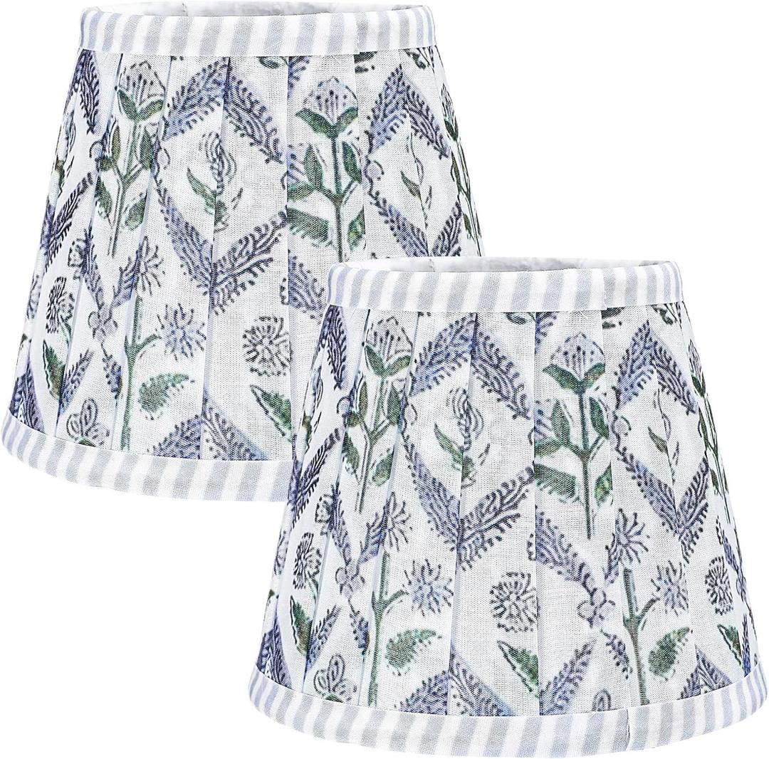 2 Set Small Pleated Block Print Light Blue Lamp Shade, Floral Spider Blue Pleated Lamp Shades, Replacement Lampshade 4" Top x 6" Bottom x 5" High Spider with Harp and Fitting