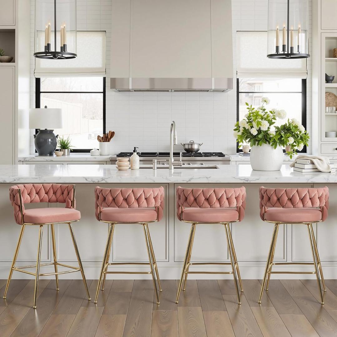 VECELO Bar Stools Set of 4, Counter Height Bar Stools, 26 inch Seat Barstools with Woven Back and Footrest for Kitchen Island Counter, Pink