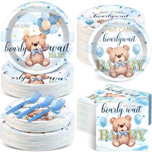 Havawish 250 Pcs Blue Bear Baby Shower Plates and Napkins Decoration We Can Bearly Wait Party Supplies Tableware Set Severs 50 Disposable Plates for Baby Boy Gender Reveal Party Supplies