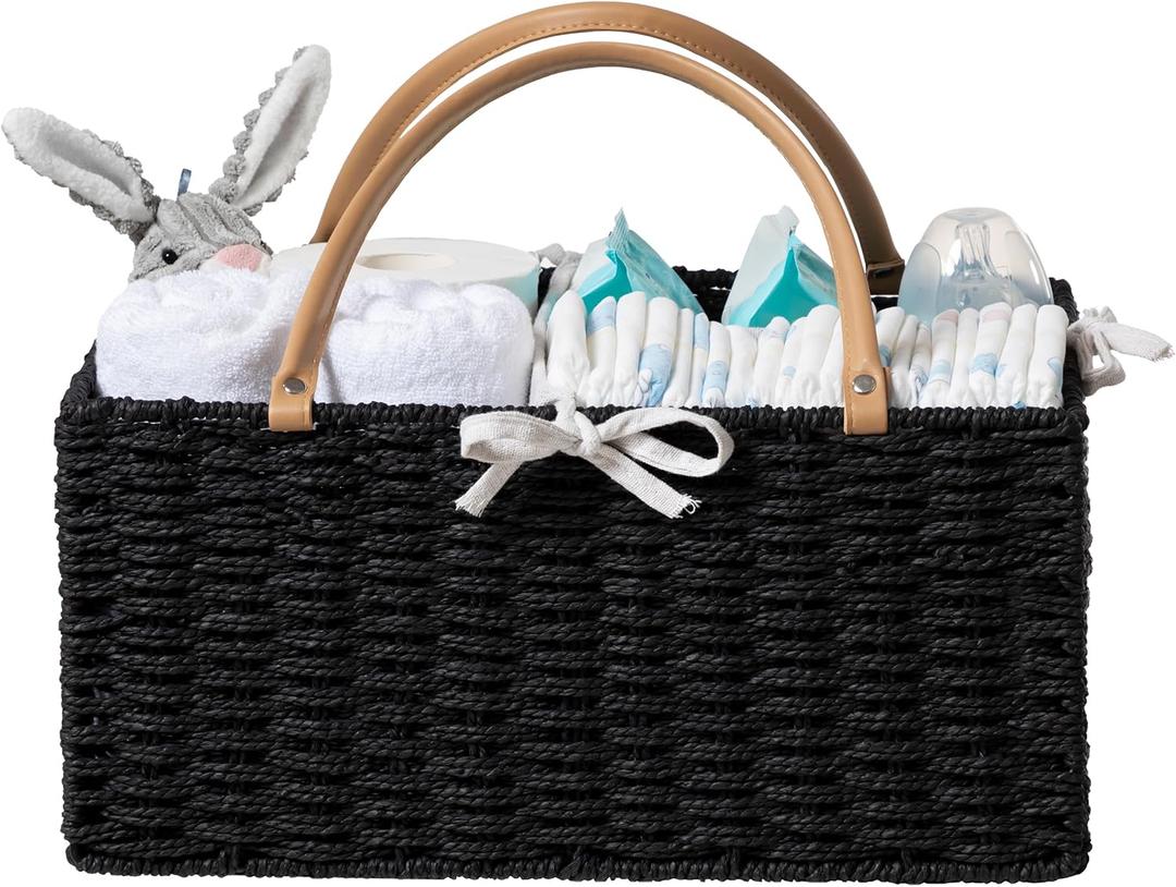 HBlife Large Baby Diaper Caddy Organizer, Paper Rope Storage Baskets Nursery Bin with Removable Divider, Portable Car Organizer for Diapers, Baby Shower Gifts, Newborn Essentials Must Haves (Black)