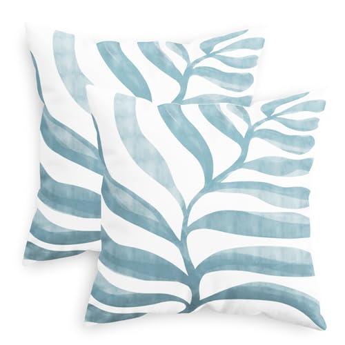 CaliTime Throw Pillow Covers Decorative 18 X 18 Inches Pack of 2 Cozy Fleece Modern Abstract Plant Leaves Cushion Cases for Couch Bed Sofa Farmhouse Decoration Smoke Blue