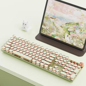 EWEADN V20 Typewriter Keyboard Wireless, 104 Keys Typewriter Style Mechanical with White Backlit, Media Knob, Pink Switch 2.4G/Bluetooth/USB-A Wired Retro Full Size Keyboard for Windows/Mac/PC-Green