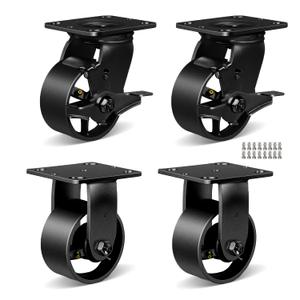 Industrial Caster Wheels 4X2 5X2 6X2 8X2 Heavy Duty 3200-6000 lbs - Cast Iron/Steel Rigid Brack Casters Set of 4 for Furniture,WorkBrench,Tool Box, Equipment (4 inch (2 Rigid+2 Brake))