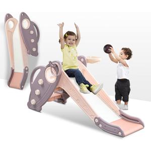 Onasti Kids Slide for Toddlers Age 1-3 Indoor Baby Plastic Slide Outdoor Climber Freestanding Playset with Basketball Hoop & Ring Game Pink (Lila Pink)