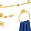 HOMOTEK 4 Pieces Bathroom Accessories Hardware Set, 24 inch Towel Bar, Towel Ring, Robe Hook, Toilet Paper Holder, Stainless Steel Rack Kit Wall Mounted, Gold (1 Pack)