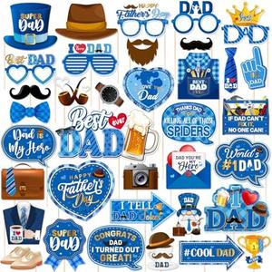 Fathers Day Photo Booth Props,37pcs Fathers Day Decorations Blue Dad Photo Booth Props for Fathers Day Party Supplies