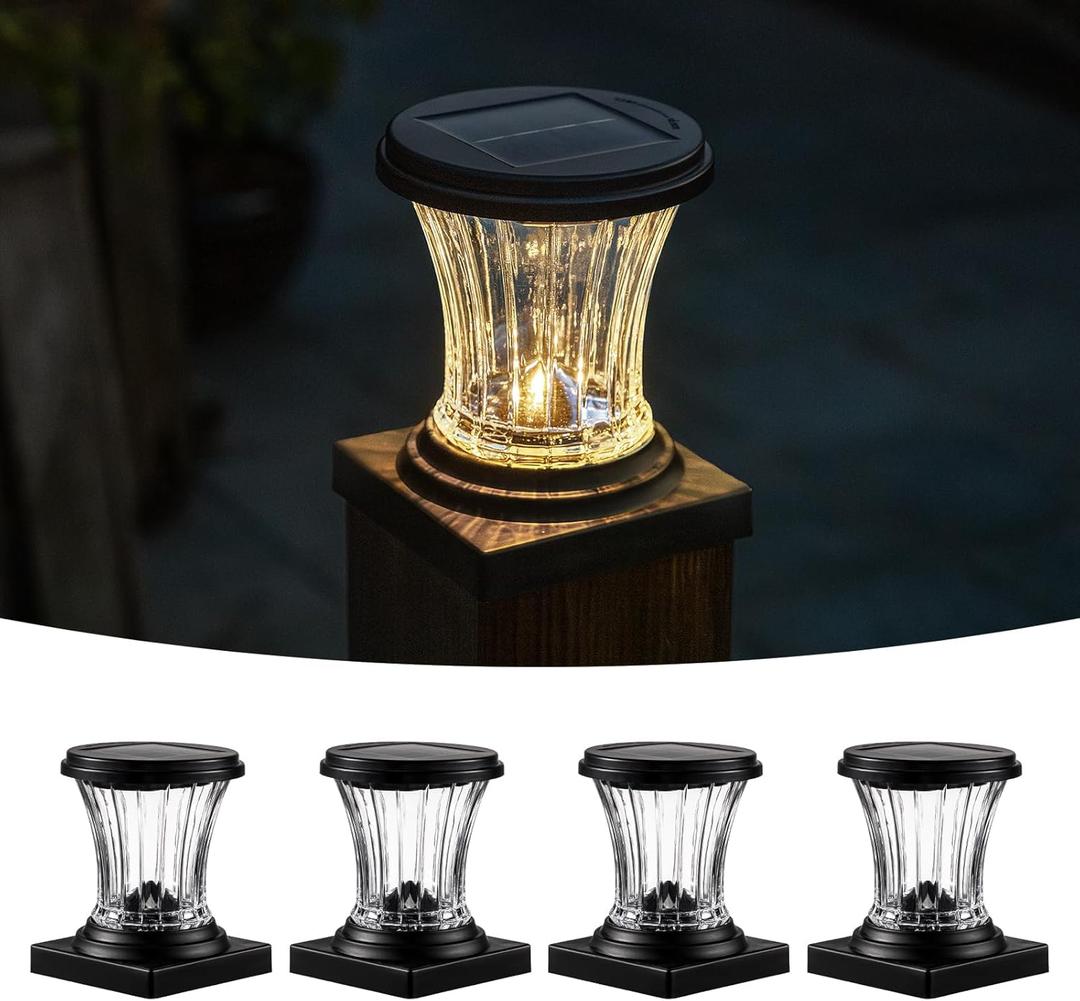 Glass Solar Post Cap Lights Outdoor Waterproof, 3000K LED Solar Fence Post Lights with Modular Design, Auto On/Off for Deck, Patio, Garden, 4x4 Vinyl/Wood Posts, Warm White (4 Pack)