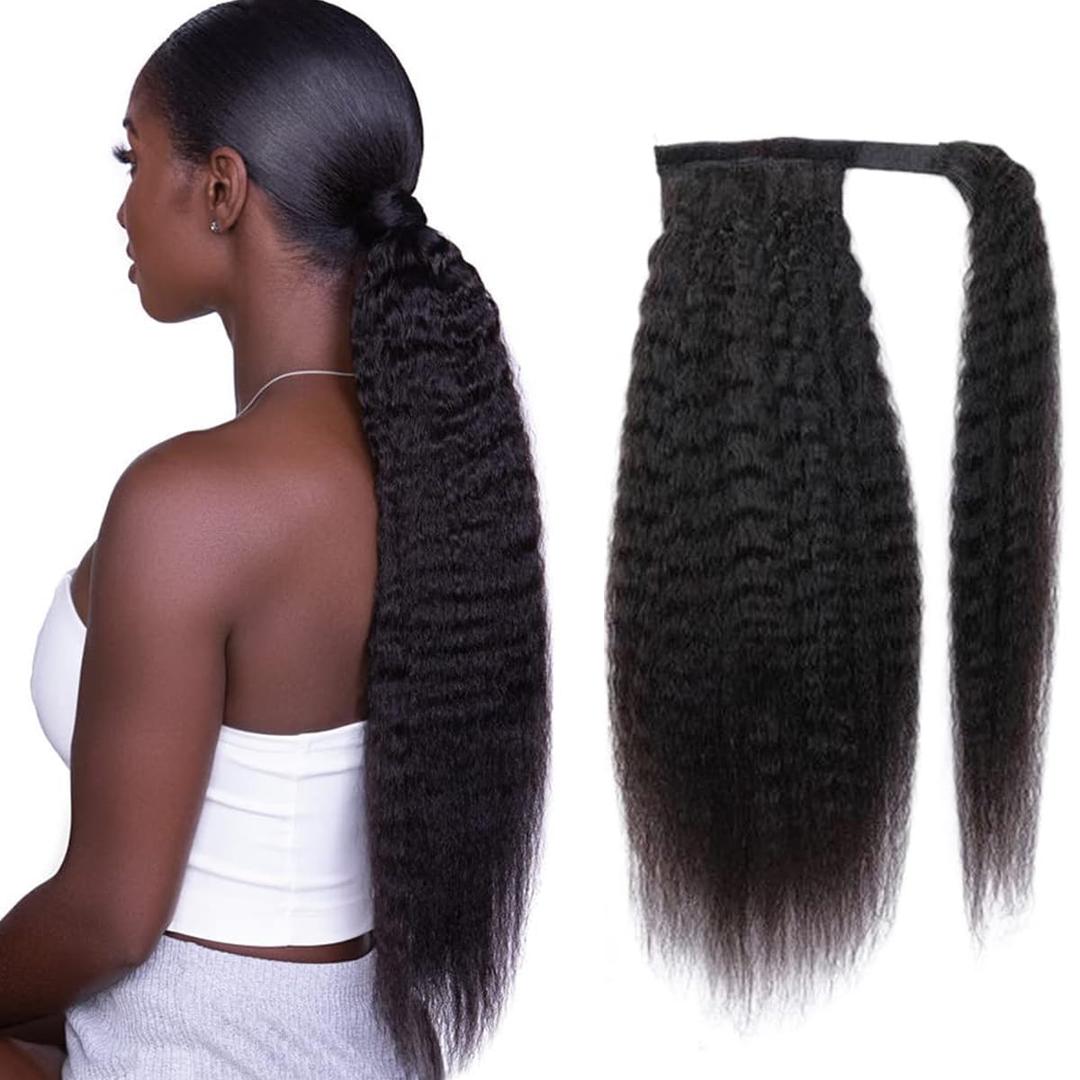 Straight Ponytail Human Hair Extensions Brazilian Wrap Around Ponytail for Black Women Unprocessed Remy Human Hair Pony Tail Clip In Extension Hairpiece 110g (Yaki Hair, 18inch)