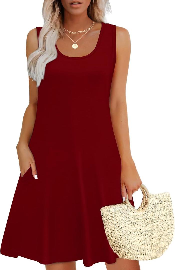 WEESO Womens Summer Dresses Loose U Neck Sleeveless Sundresses Dress with Pockets