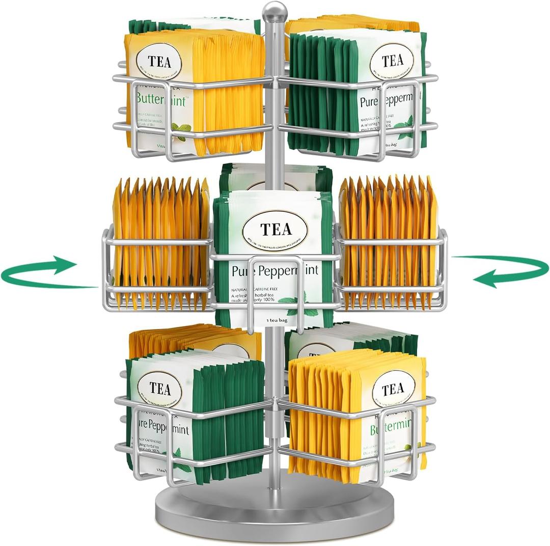 EsLuker.ly Tea Bag Holder Organizer for Counter 3 Tier Metal Tea Bag Storage Rack, Spinning Carousel Tea Packet Display Stand, Tea Organizer Station with Easy Access for Kitchen Office, Silver