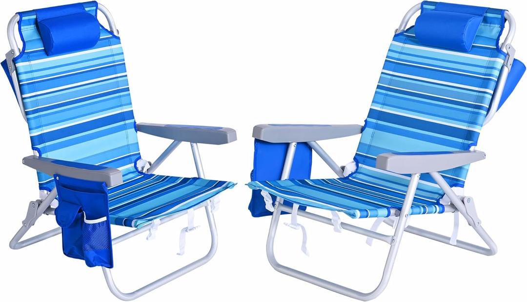 SUNNYFEEL Beach Chairs for Adults 2 Pack 5 Position Lay Flat, Portable Folding Backpack Beach Chair Heavy Duty with Cooler Bag, Cup Holder for Outdoor/Lawn/Picnic, Foldable Camping Chair (Light Blue Stripe-2set)