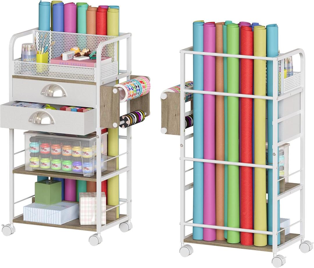 Rolling Craft Storage Cart with 2 Small Fabric Drawers & Lockable Wheels, DIY Organizer for Wrapping Paper, Paints, Brushes, Craft Supplies, Multi-Tier Craft Cart Tape Holder, 16.54x11.4x32.68 Inches