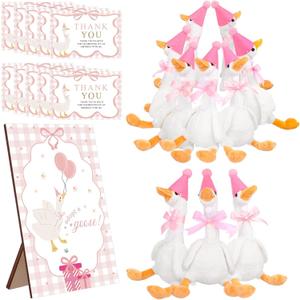 10Set One Silly Goose Birthday Decor 1st Baby Shower Party Favor 15.7 Inch White Geese Plush Stuffed Animal with Mini Party Hats Wood Table Decoration Greeting Cards Pink Ribbons for Guest Gifts