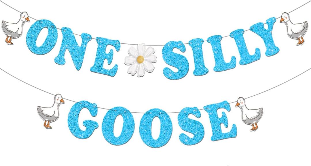 2 x One Silly Goose Banner, 1st Birthday Decorations for Boy, Silly Goose Baby Shower Decorations, Farm Animal First Birthday Sign (Blue)