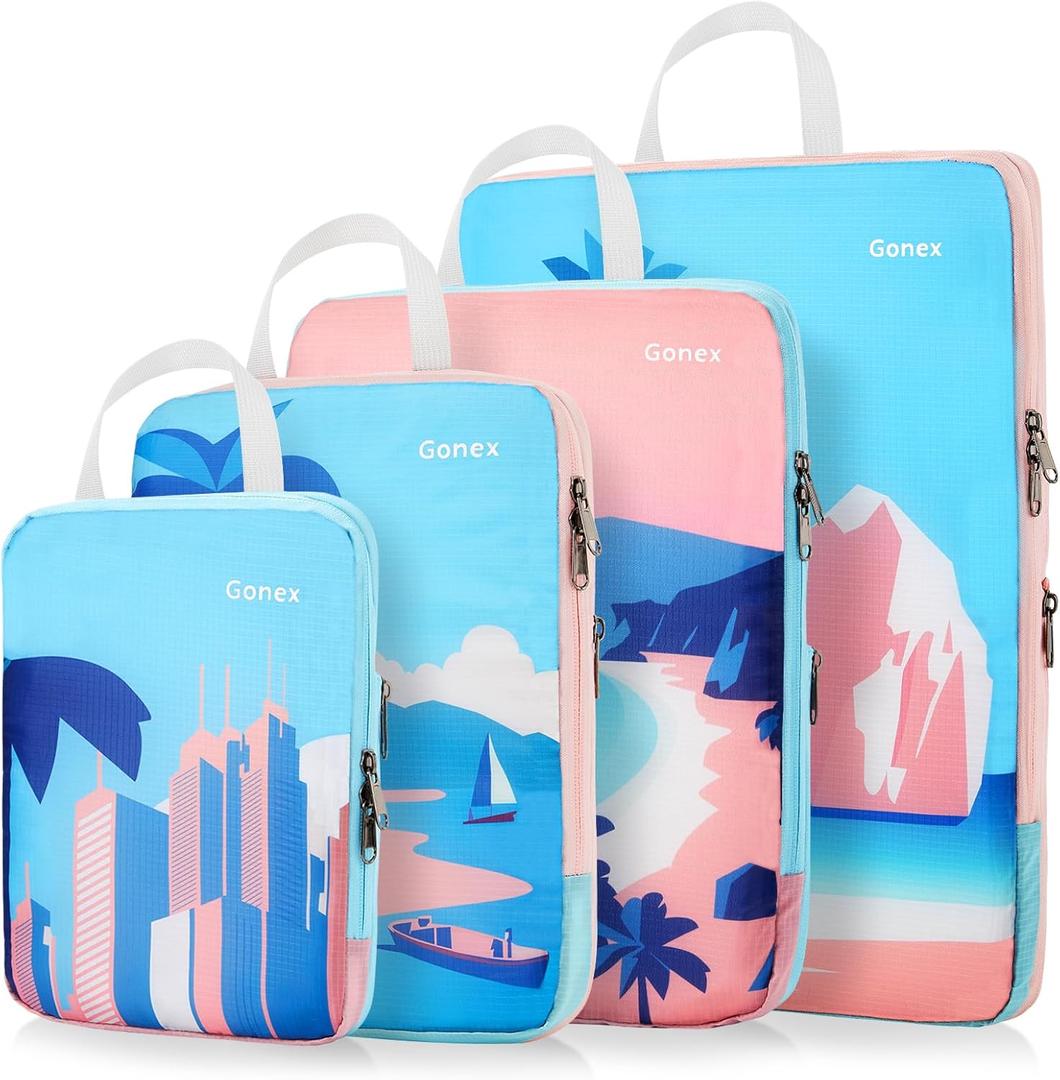 Gonex Compression Packing Cubes, 3pcs Expandable Storage Travel Luggage Bags Organizers, Travel Cubes for Suitcase Carry On (Coconut Palm)